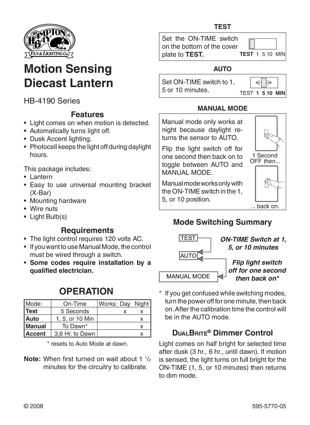 Heath Zenith HB-4190 Series manual Operation, Features, Requirements, Mode Switching Summary, DualBrite Dimmer Control 