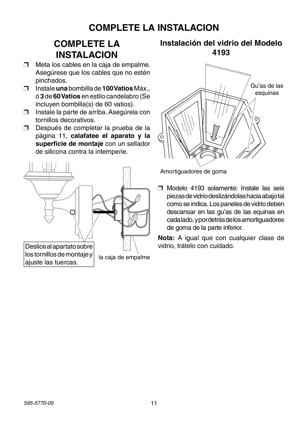 Heath Zenith HB-4190 Series manual Complete LA Instalacion, Instalación del vidrio del Modelo 4193 