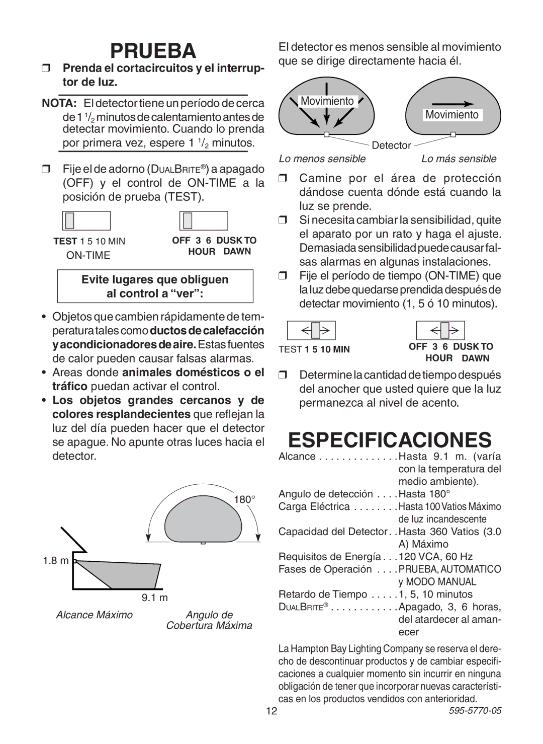 Heath Zenith HB-4190 Series Prenda el cortacircuitos y el interrup- tor de luz, Nota El detector tiene un período de cerca 