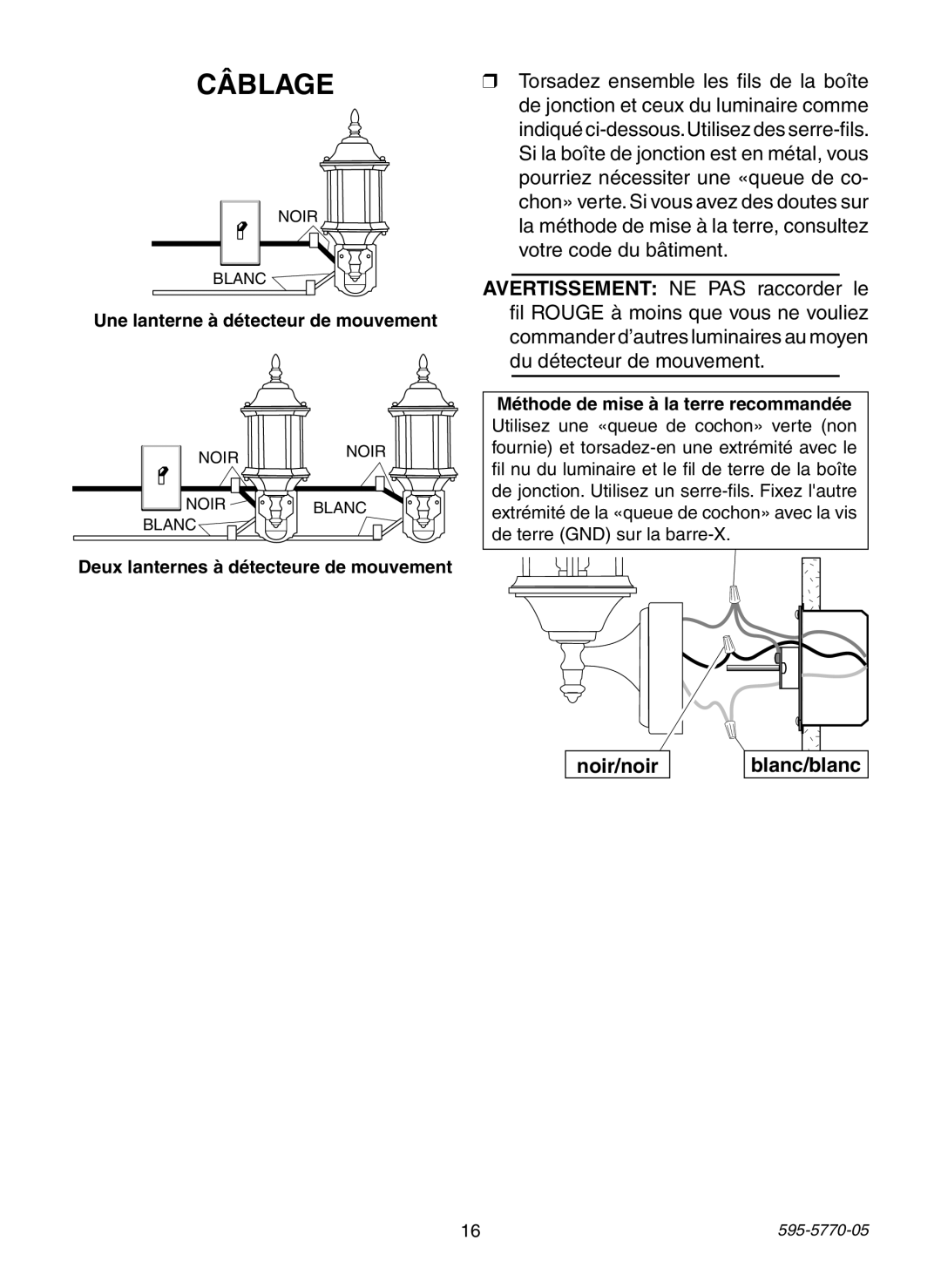 Heath Zenith HB-4190 Series manual Câblage, Noir/noir blanc/blanc, Une lanterne à détecteur de mouvement 