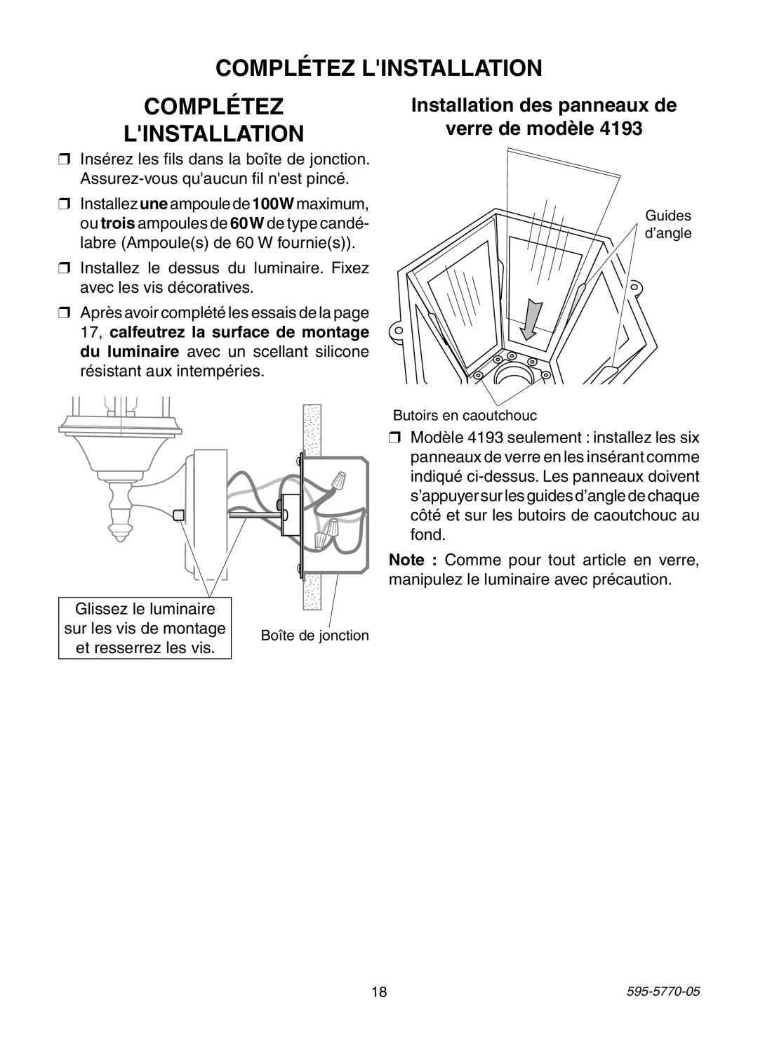 Heath Zenith HB-4190 Series manual Complétez Linstallation, Installation des panneaux de Verre de modèle 