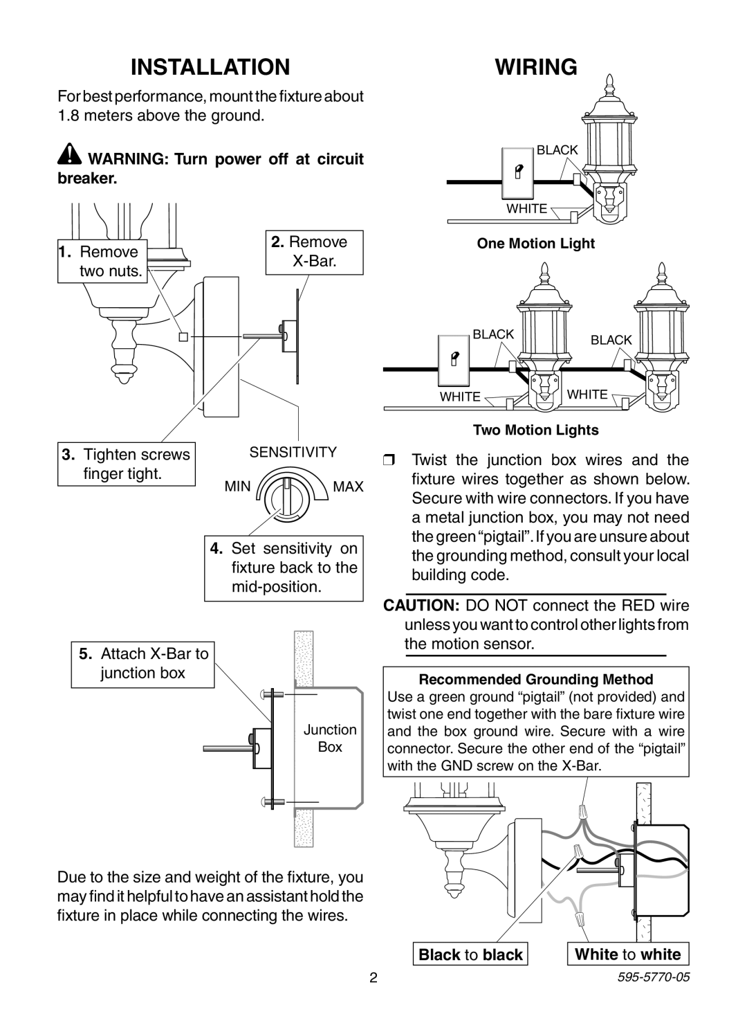 Heath Zenith HB-4190 Series manual Installation, Wiring, Tighten screws finger tight, Black to black 