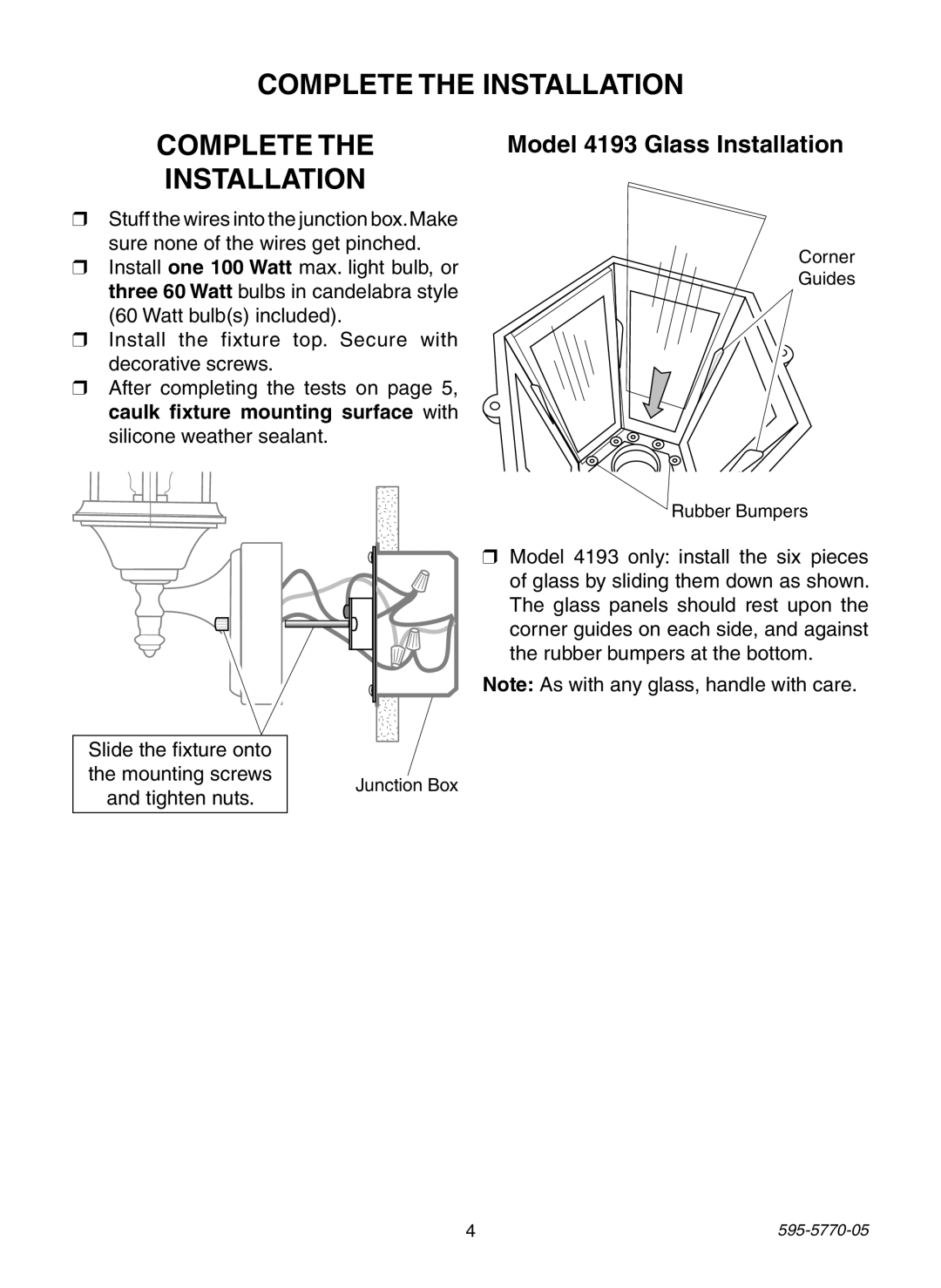 Heath Zenith HB-4190 Series manual Complete the Installation, Model 4193 Glass Installation, Tighten nuts 