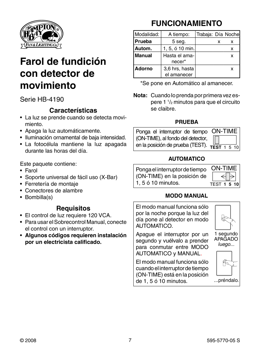 Heath Zenith HB-4190 Series manual Funcionamiento, Características, Requisitos 