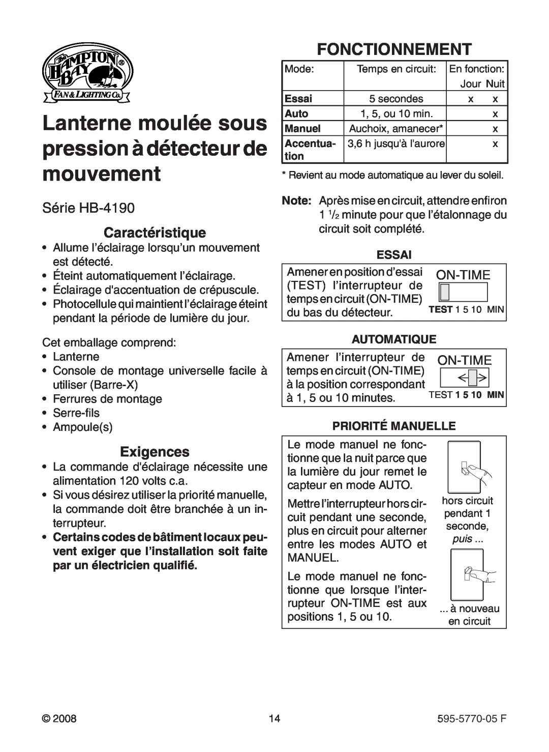 Heath Zenith HB-4190 Series manual Fonctionnement, Série HB-4190, Caractéristique, Exigences, Essai, Automatique, On-Time 
