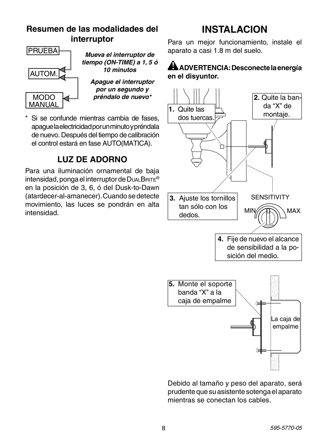 Heath Zenith HB-4190 Series Instalacion, Resumen de las modalidades del interruptor, Luz De Adorno, Prueba, Autom, Modo 