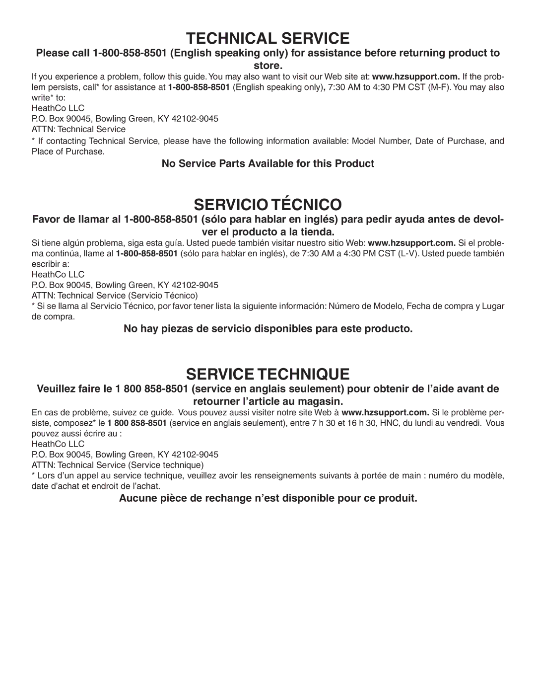 Heath Zenith HD-5677 installation instructions Technical Service, Servicio Técnico 