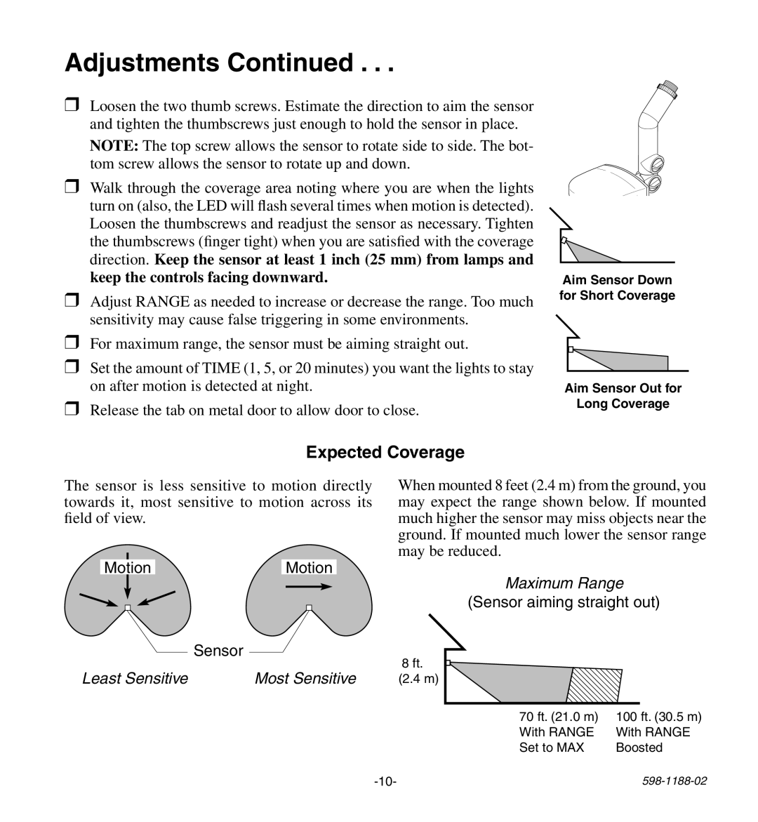 Heath Zenith HD-9260 manual Adjustments, Expected Coverage 