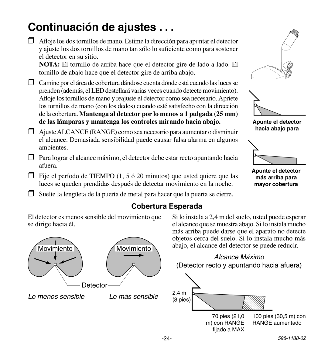 Heath Zenith HD-9260 manual Continuación de ajustes, Cobertura Esperada 