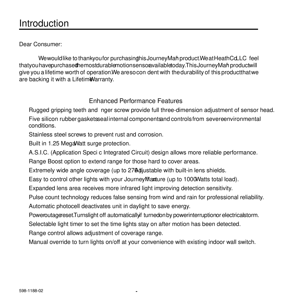 Heath Zenith HD-9260 manual Introduction, Enhanced Performance Features 