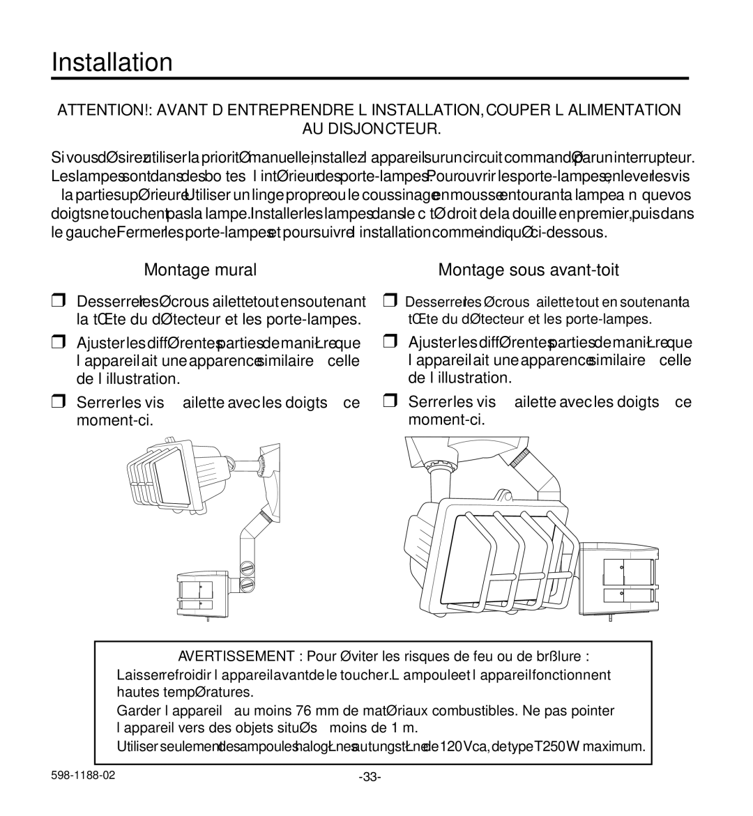 Heath Zenith HD-9260 manual Montage mural Montage sous avant-toit, Au disjoncteur 