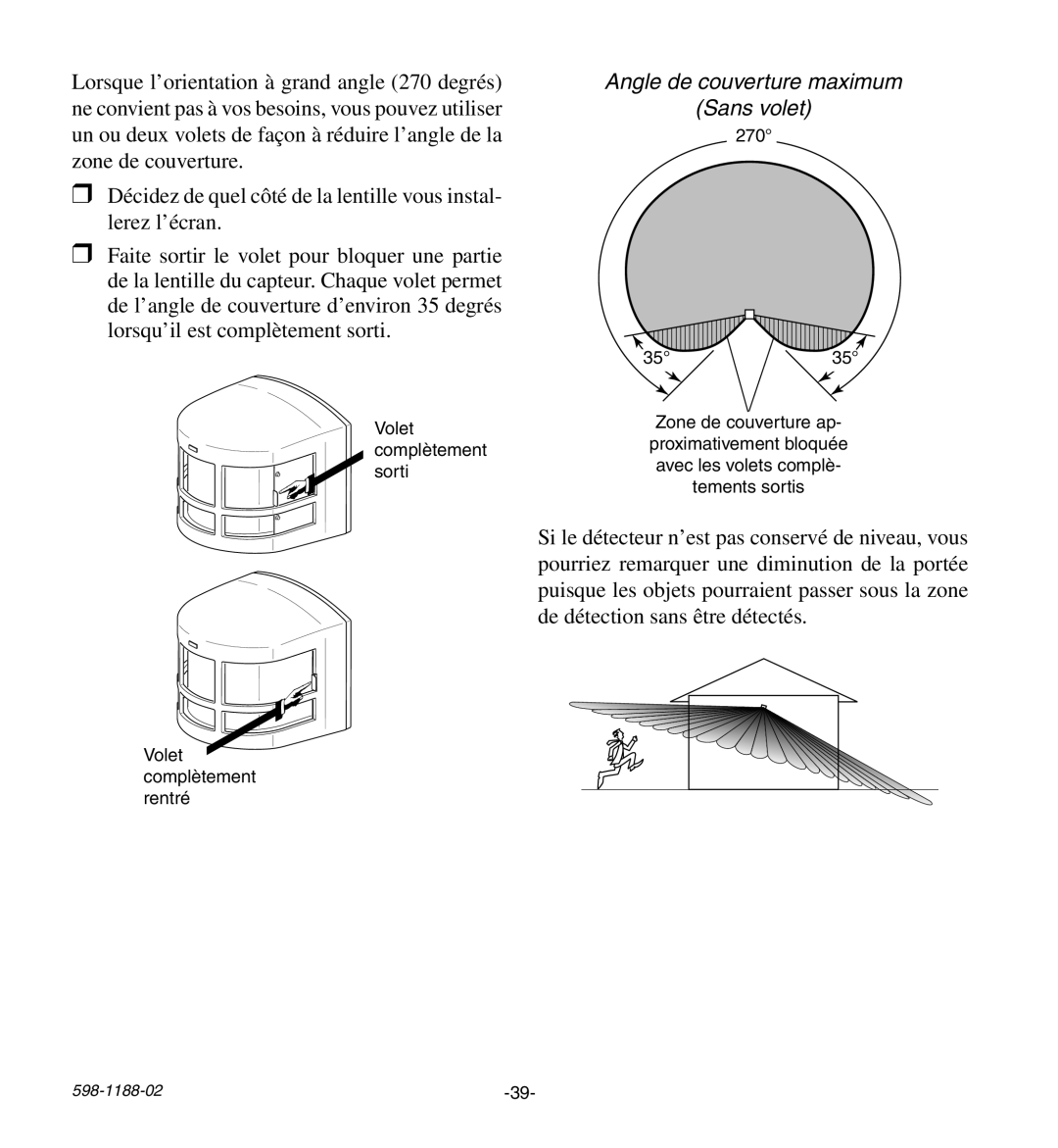 Heath Zenith HD-9260 manual Angle de couverture maximum Sans volet 