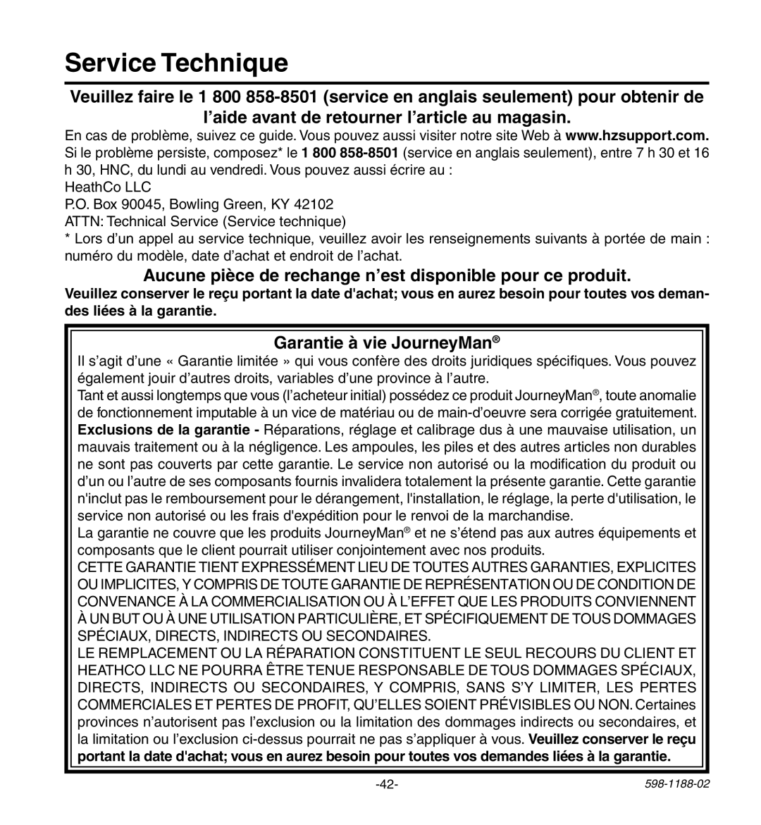 Heath Zenith HD-9260 manual Service Technique, Aucune pièce de rechange n’est disponible pour ce produit 