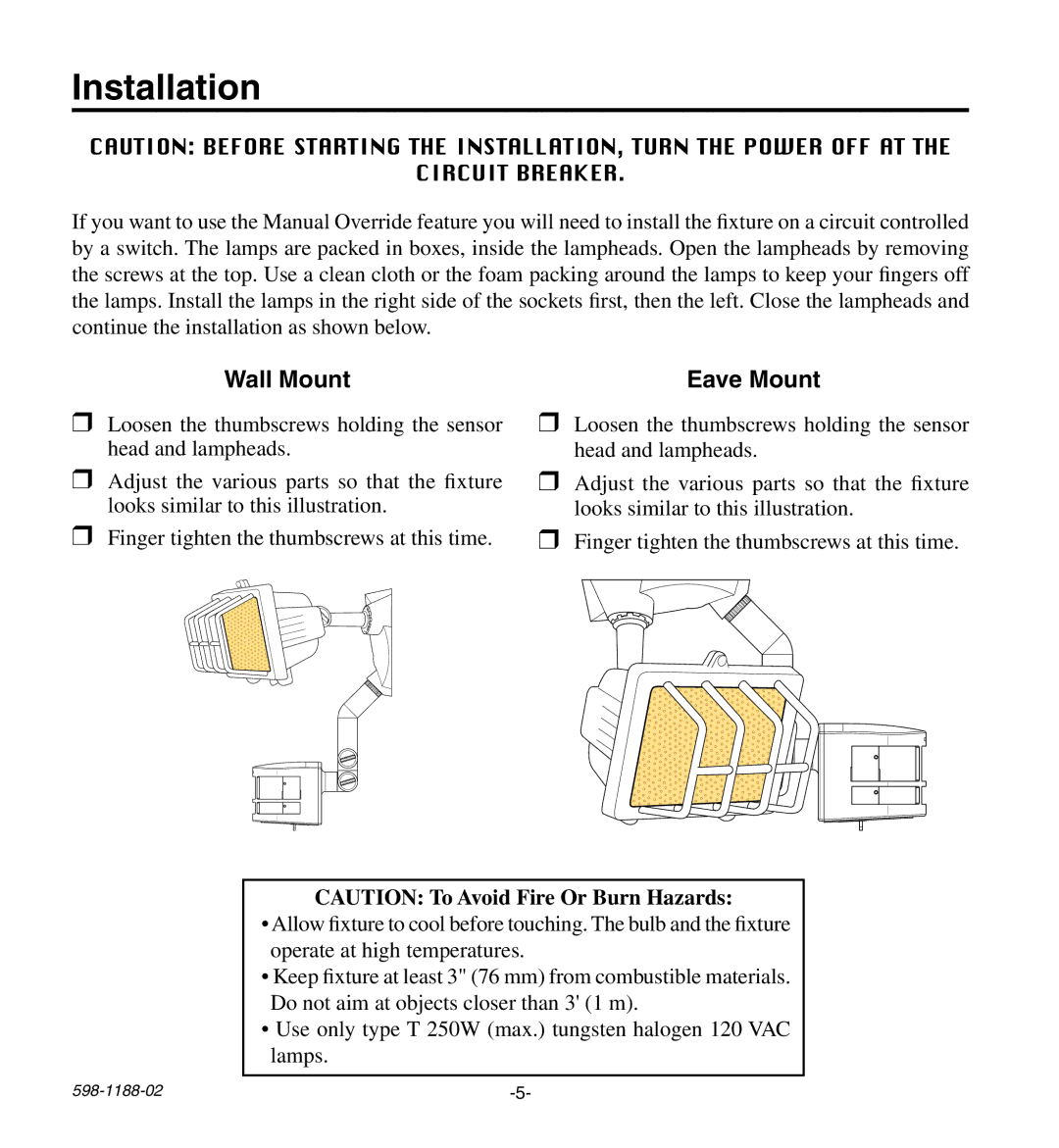 Heath Zenith HD-9260 manual Installation, Wall Mount Eave Mount 