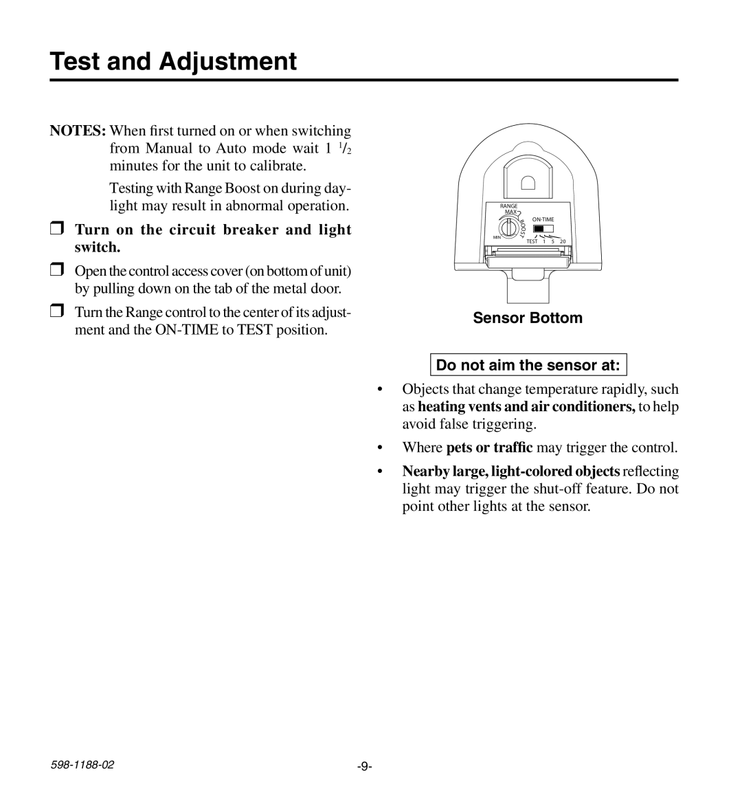 Heath Zenith HD-9260 manual Test and Adjustment, Turn on the circuit breaker and light switch 