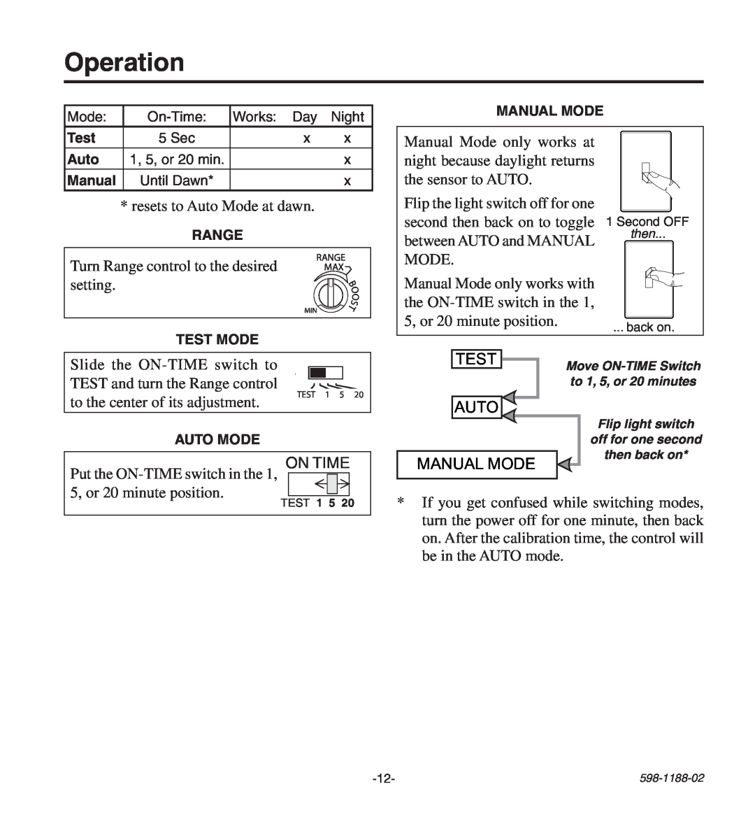 Heath Zenith HD-9260 manual Operation, Test, Auto, Manual Mode 