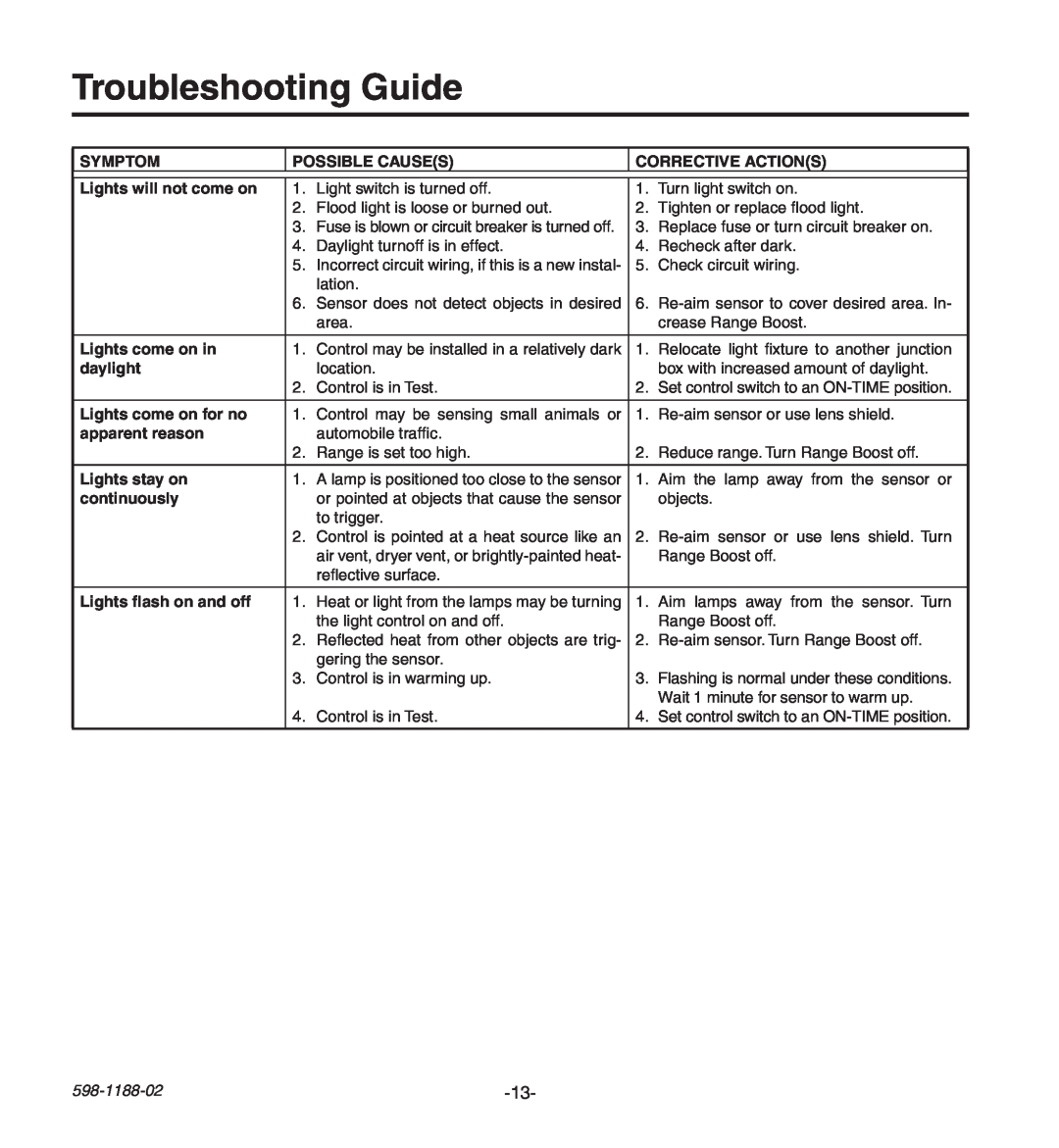 Heath Zenith HD-9260 manual Troubleshooting Guide 
