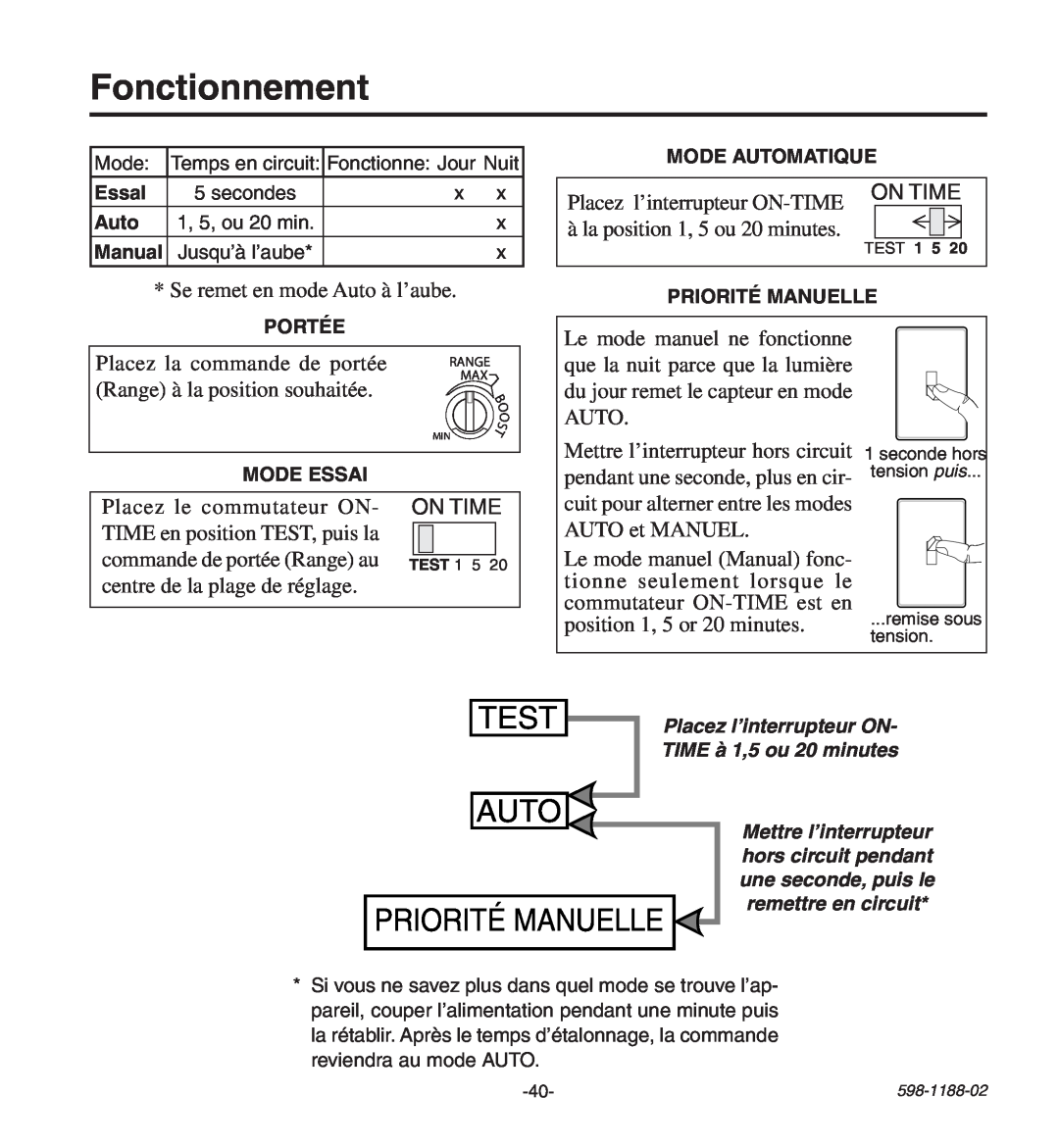 Heath Zenith HD-9260 manual Fonctionnement, Test, Auto, Priorité Manuelle 