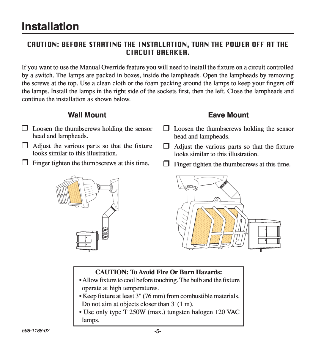 Heath Zenith HD-9260 manual Installation, Wall Mount, Eave Mount, circuit breaker, CAUTION To Avoid Fire Or Burn Hazards 