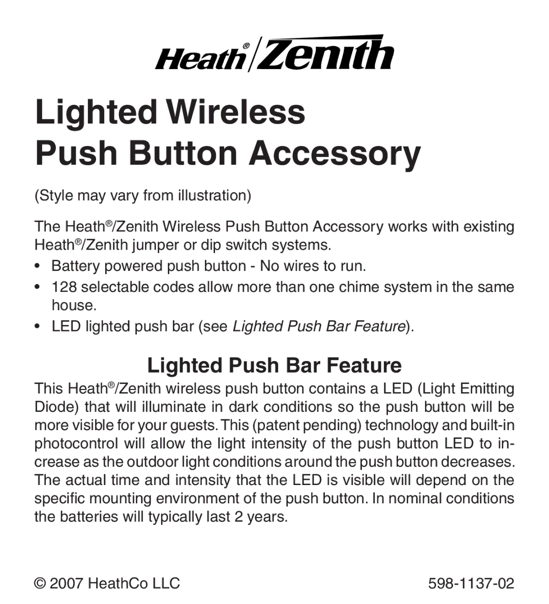 Heath Zenith Lighted Wireless Push Button Accessory manual Lighted Push Bar Feature 