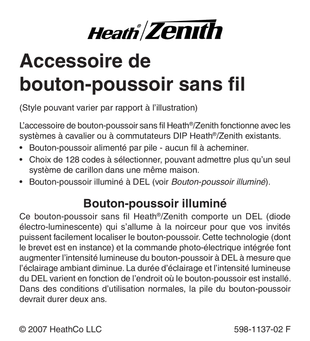 Heath Zenith Lighted Wireless Push Button Accessory manual Accessoire de bouton-poussoir sans fil, Bouton-poussoir illuminé 