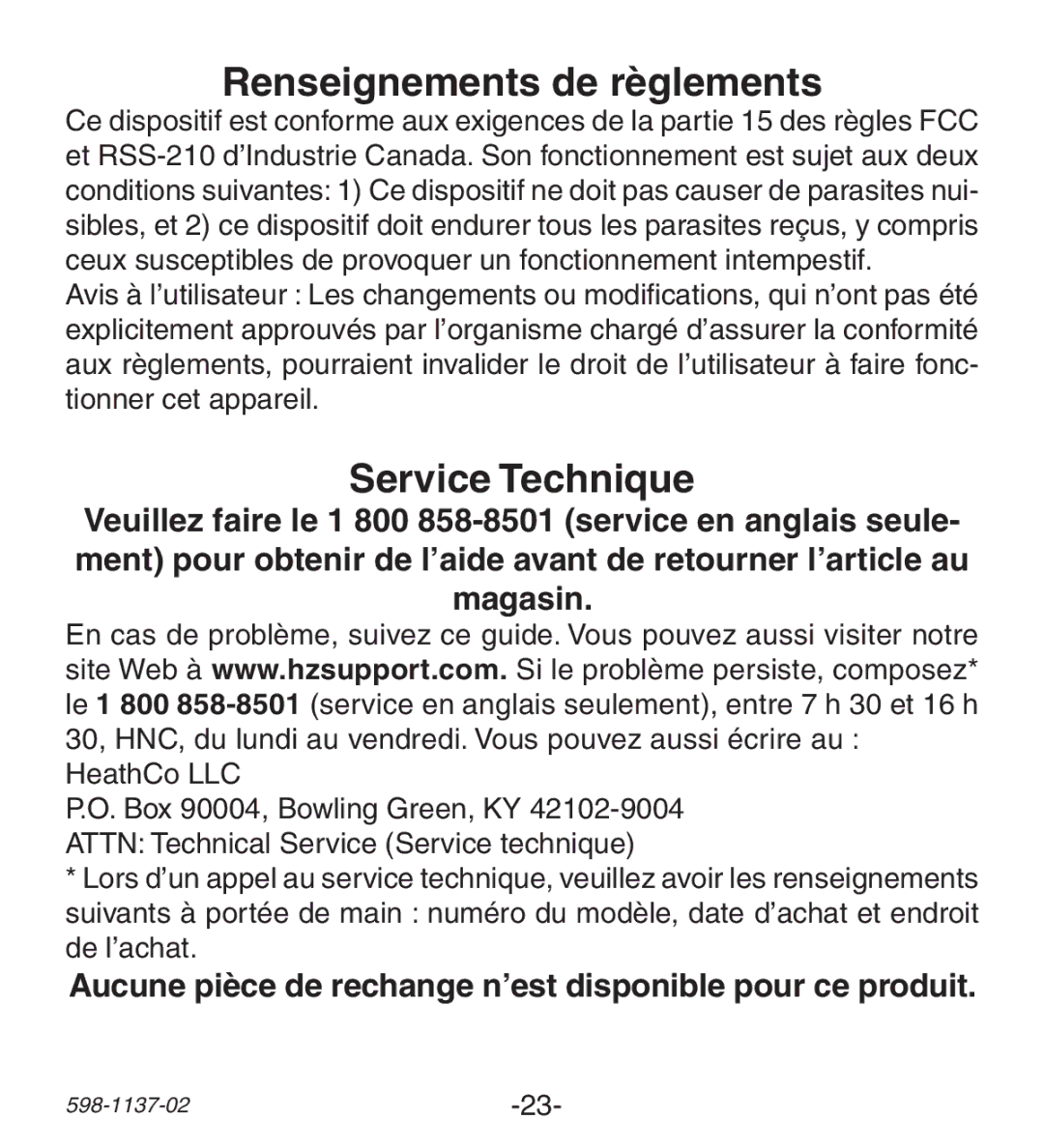 Heath Zenith Lighted Wireless Push Button Accessory manual Renseignements de règlements, Service Technique 