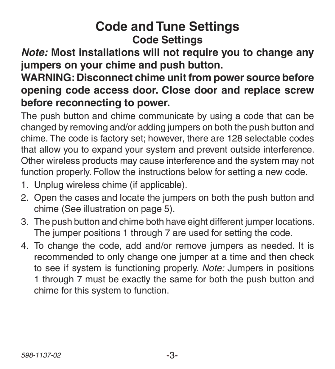 Heath Zenith Lighted Wireless Push Button Accessory manual Code and Tune Settings, Code Settings 