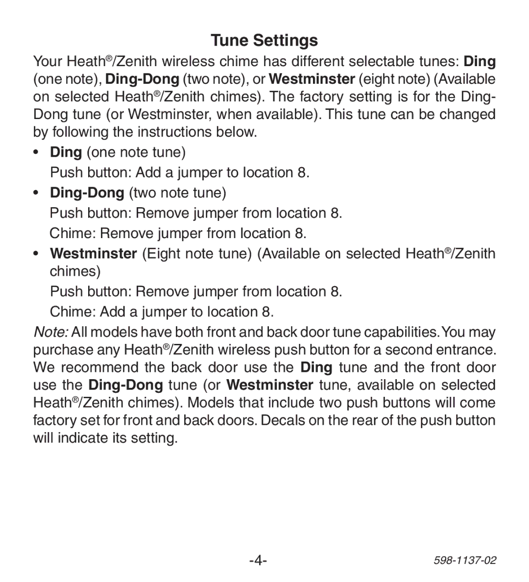 Heath Zenith Lighted Wireless Push Button Accessory manual Tune Settings 