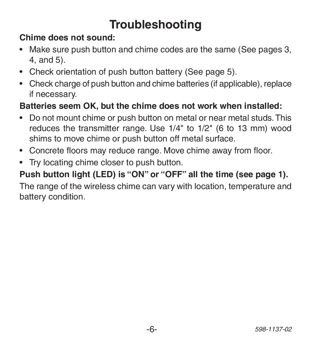 Heath Zenith Lighted Wireless Push Button Accessory manual Troubleshooting, Chime does not sound 