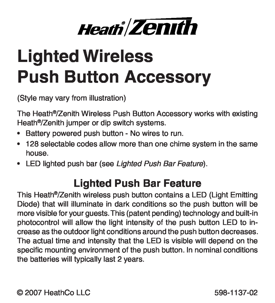 Heath Zenith Lighted Wireless Push Button Accessory manual Lighted Push Bar Feature 