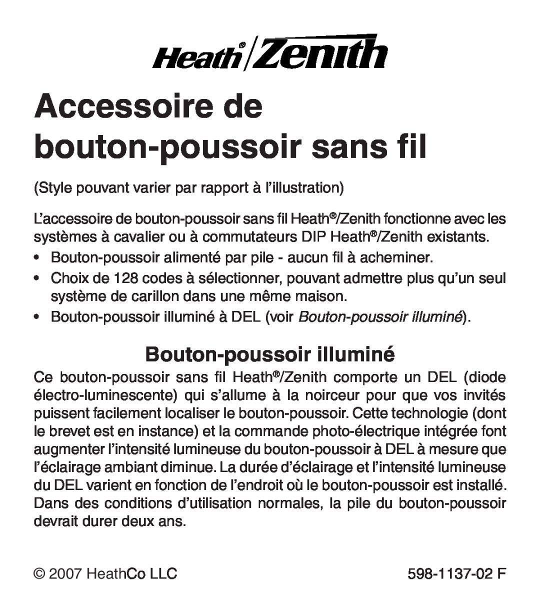 Heath Zenith Lighted Wireless Push Button Accessory manual Accessoire de bouton-poussoirsans fil, Bouton-poussoirilluminé 