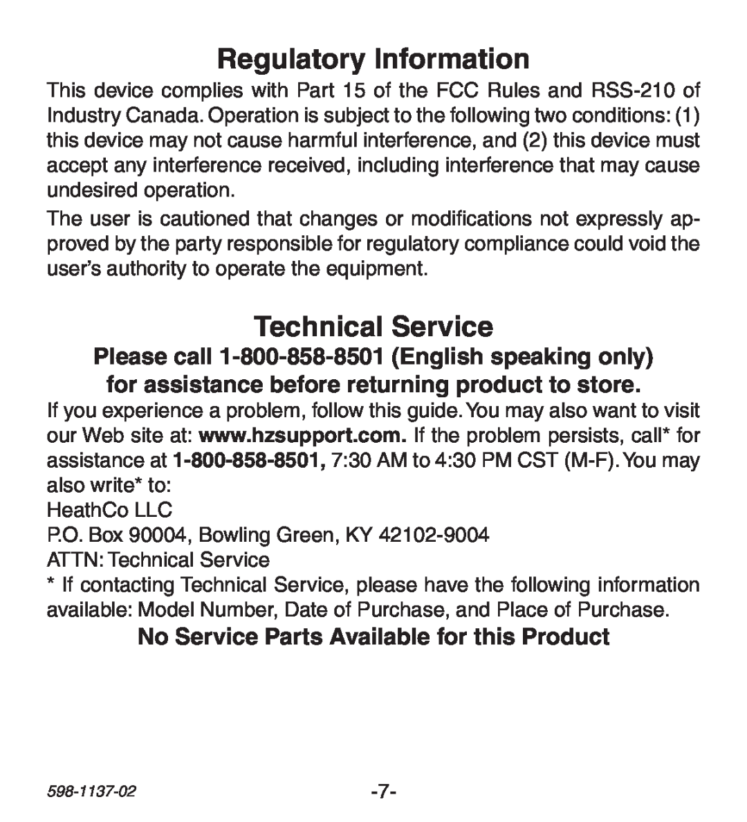 Heath Zenith Lighted Wireless Push Button Accessory manual Regulatory Information, Technical Service 