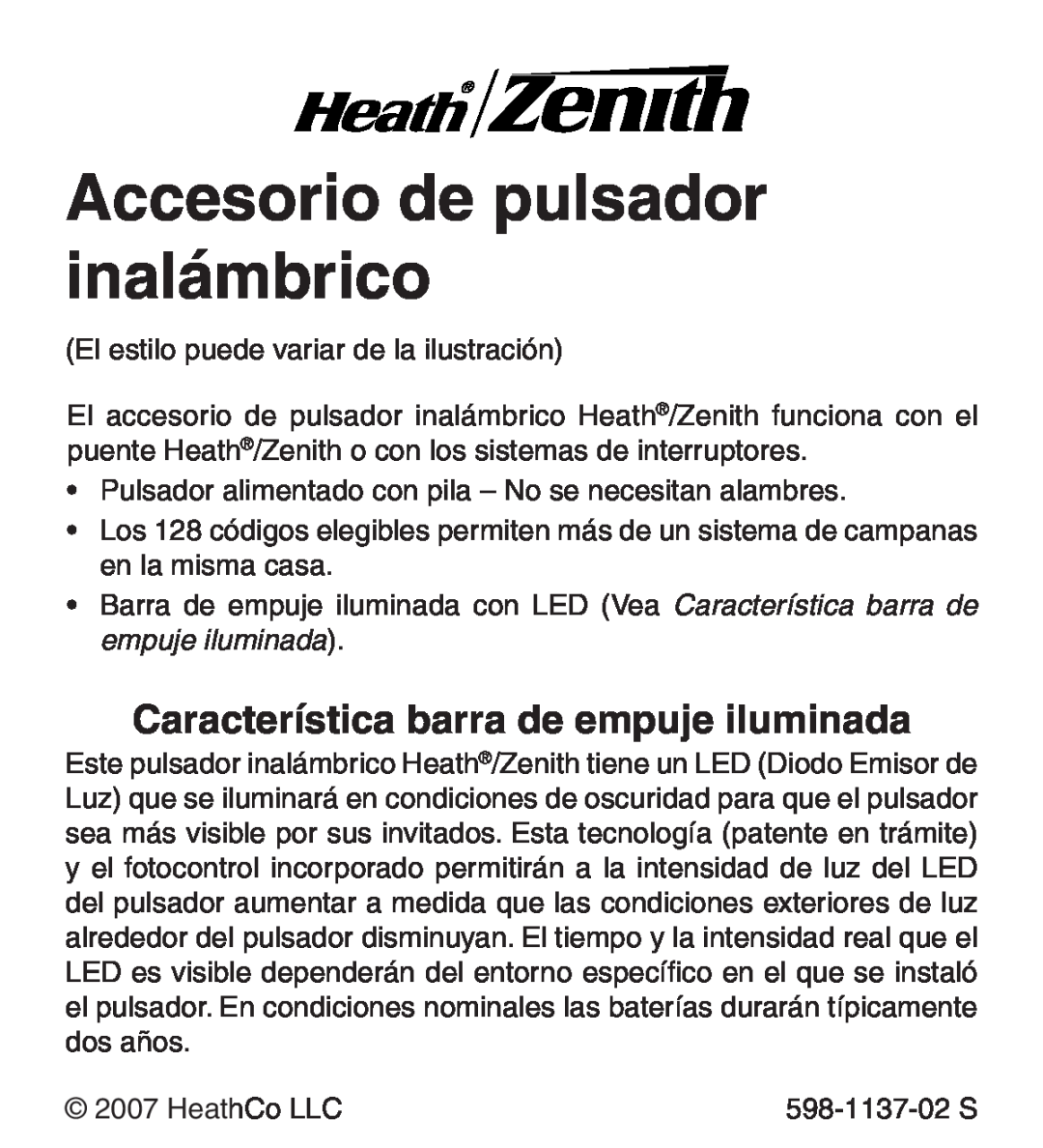 Heath Zenith Lighted Wireless Push Button Accessory manual Accesorio de pulsador inalámbrico 