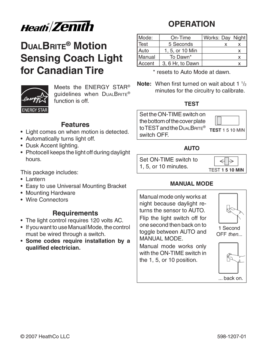 Heath Zenith Motion Sensing Coach Lights manual Operation, Features, Requirements 