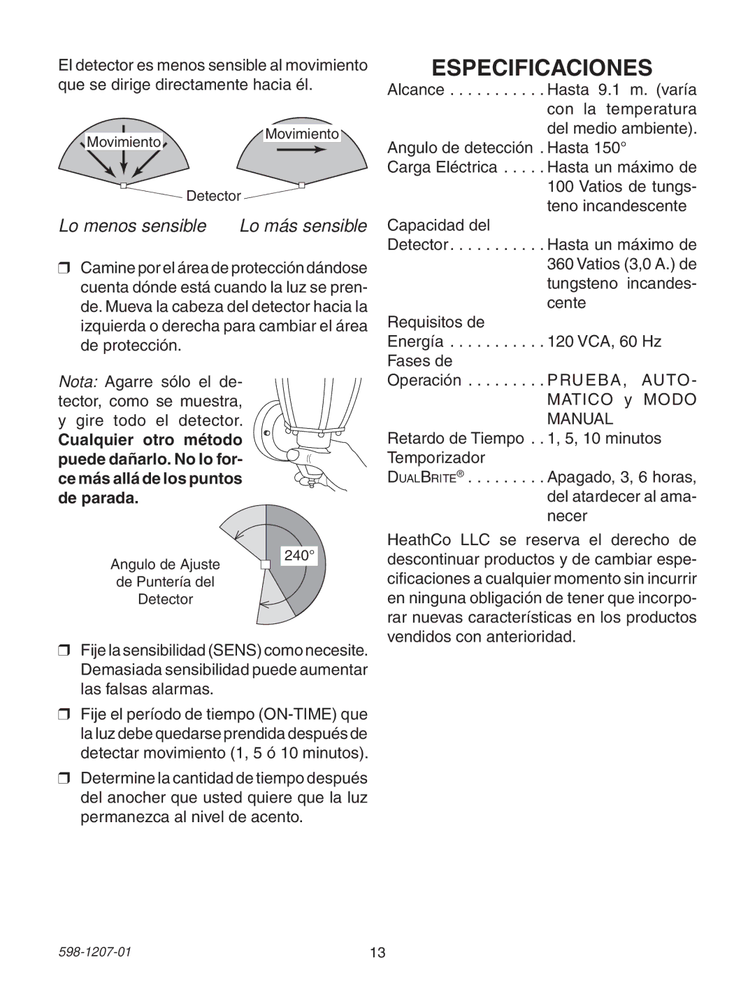 Heath Zenith Motion Sensing Coach Lights manual Especificaciones, Lo menos sensible Lo más sensible 