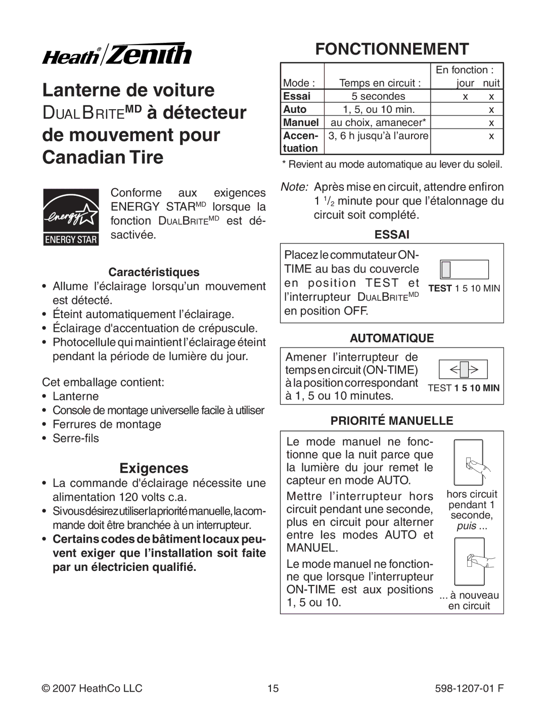 Heath Zenith Motion Sensing Coach Lights manual Fonctionnement, Exigences, Caractéristiques 