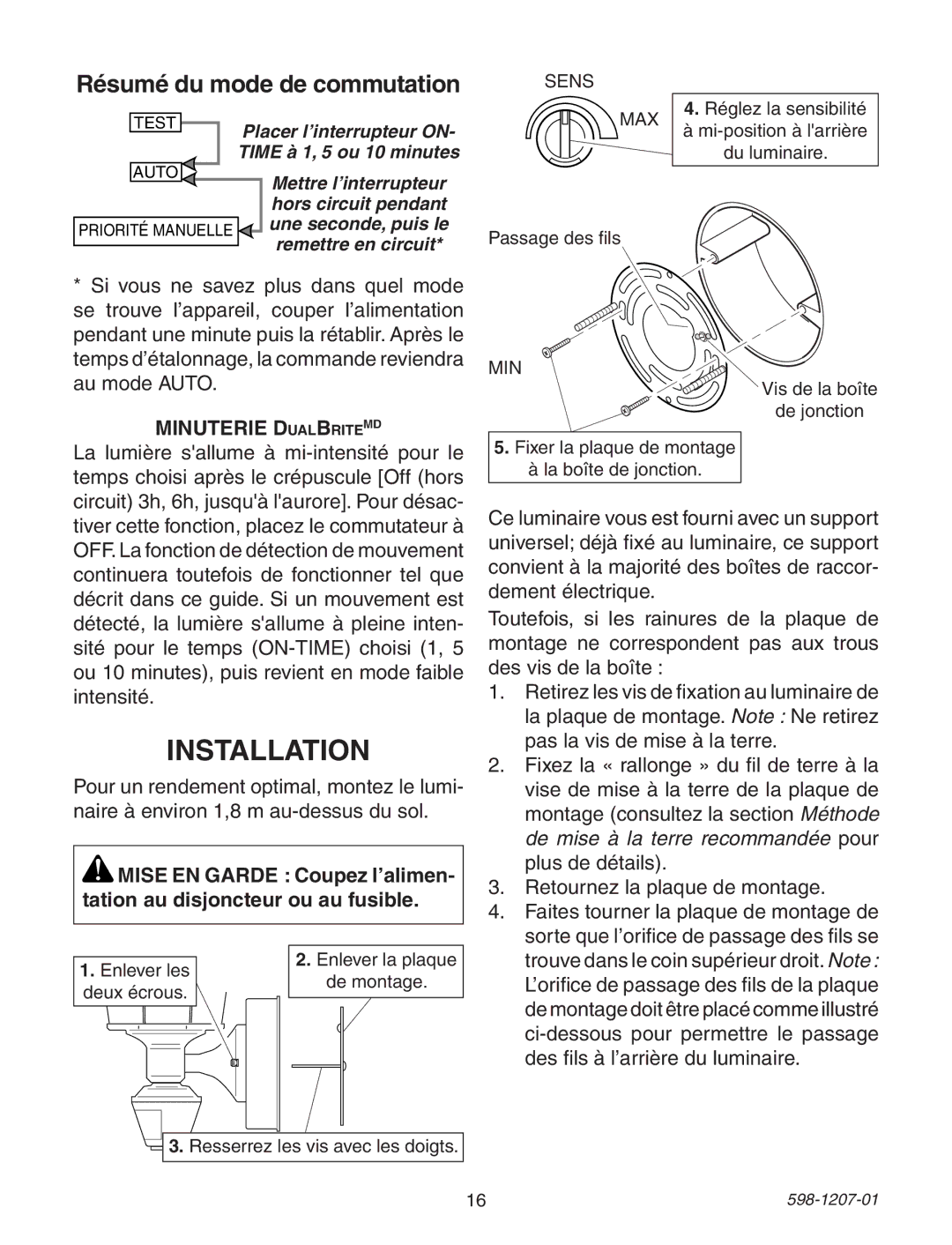 Heath Zenith Motion Sensing Coach Lights manual Résumé du mode de commutation, Minuterie DualBriteMD 