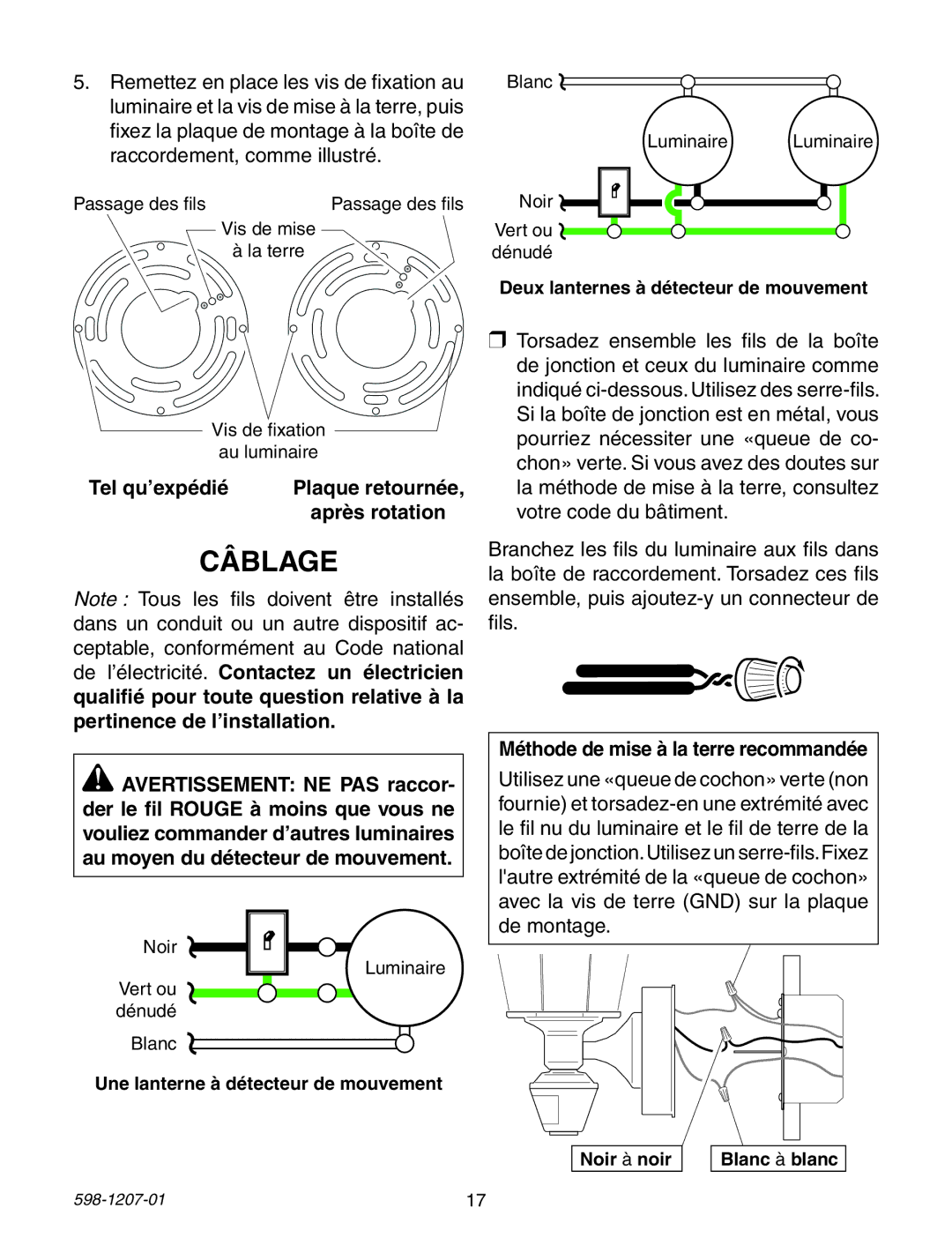 Heath Zenith Motion Sensing Coach Lights Câblage, Tel qu’expédié, Après rotation, Méthode de mise à la terre recommandée 