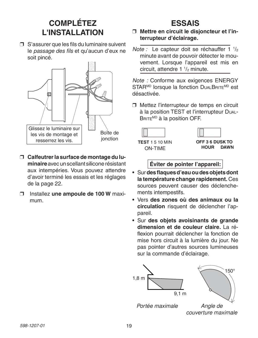 Heath Zenith Motion Sensing Coach Lights manual Complétez Linstallation, Essais 