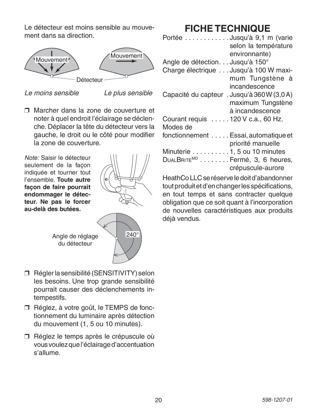 Heath Zenith Motion Sensing Coach Lights manual Fiche Technique, Le moins sensible Le plus sensible 