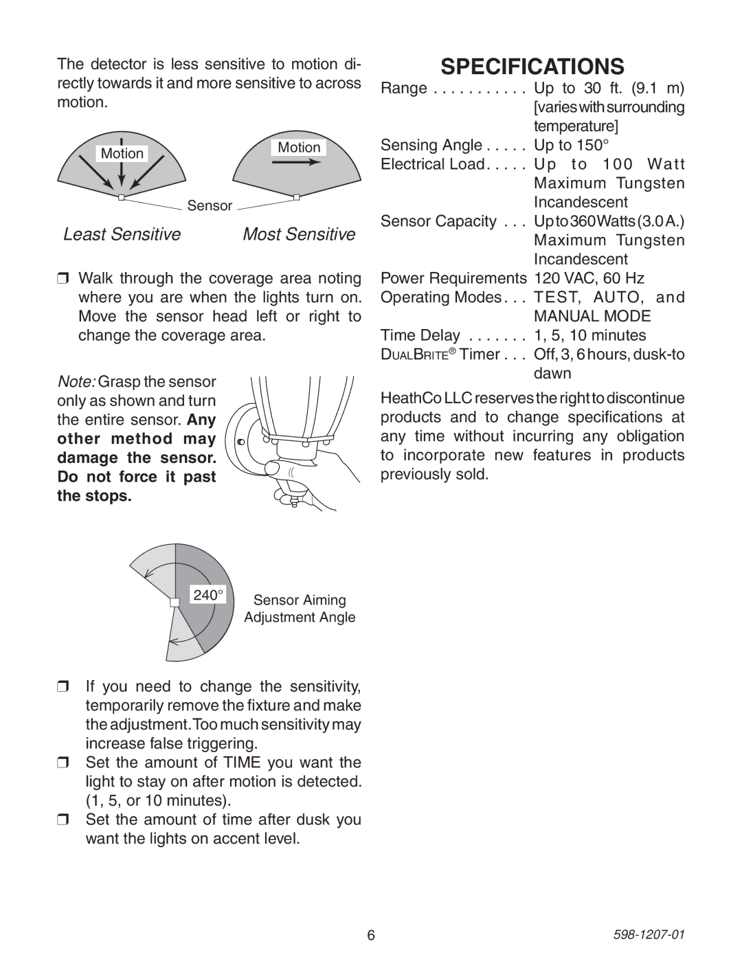 Heath Zenith Motion Sensing Coach Lights manual Specifications, Least Sensitive 