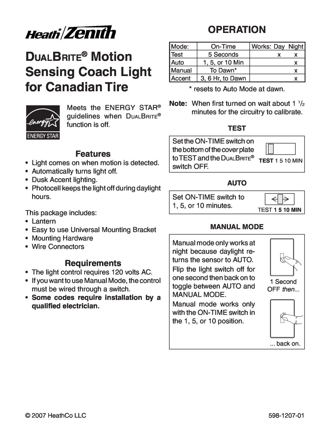 Heath Zenith Motion Sensing Coach Lights manual DualBrite Motion, Sensing Coach Light for Canadian Tire, Operation, Test 