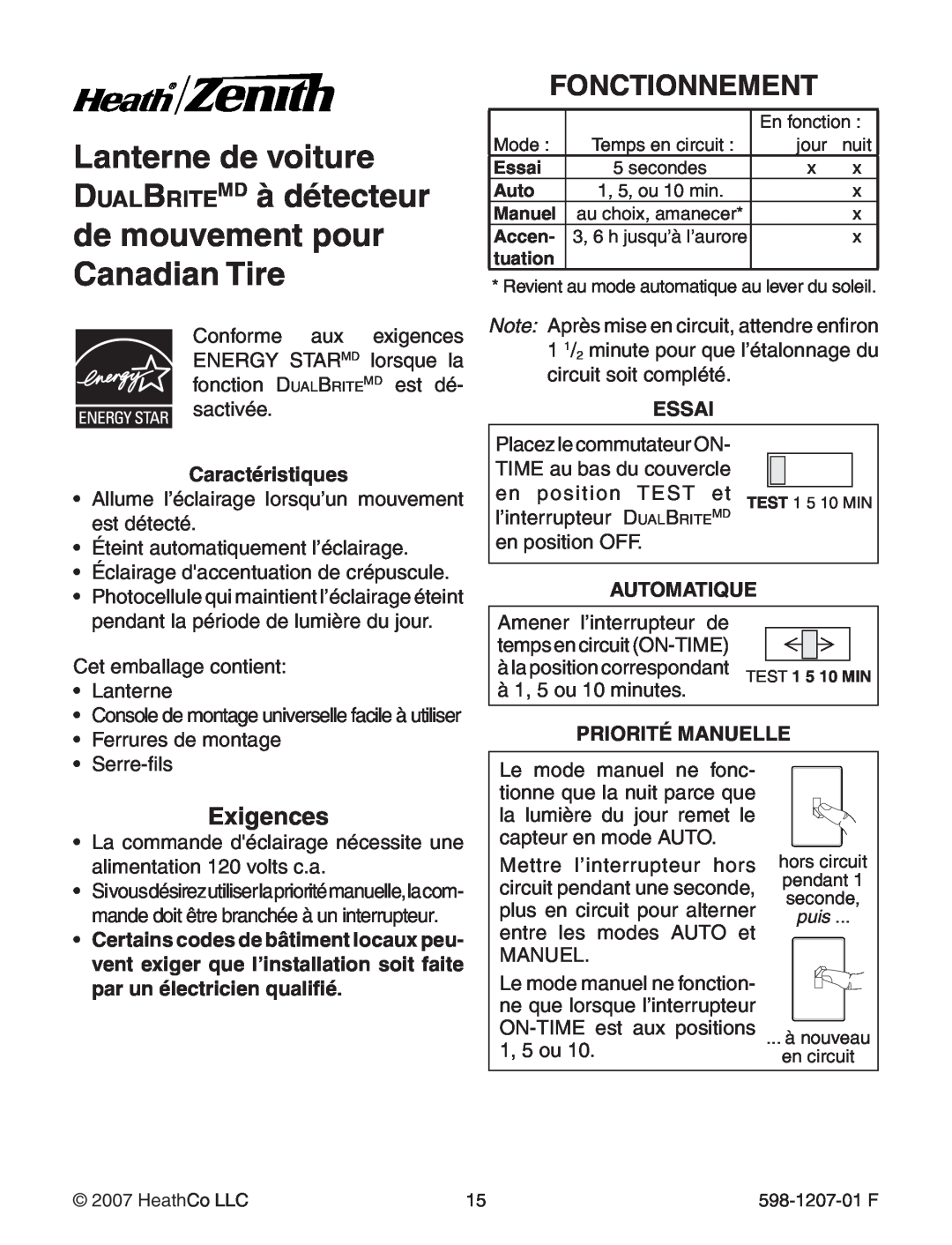 Heath Zenith Motion Sensing Coach Lights manual Fonctionnement, Exigences, Caractéristiques, Essai, Automatique 