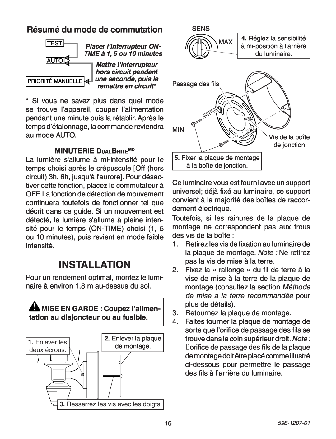 Heath Zenith Motion Sensing Coach Lights manual Résumé du mode de commutation, Minuterie DualBriteMD, Installation 