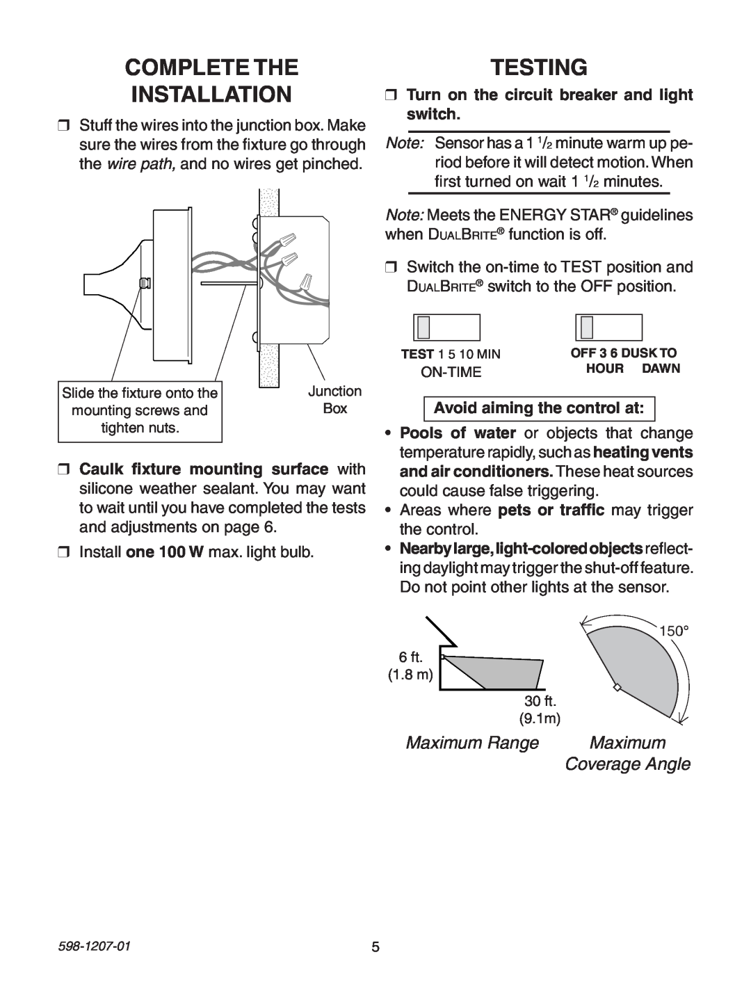 Heath Zenith Motion Sensing Coach Lights manual Complete The Installation, Testing, Maximum Range, Coverage Angle 