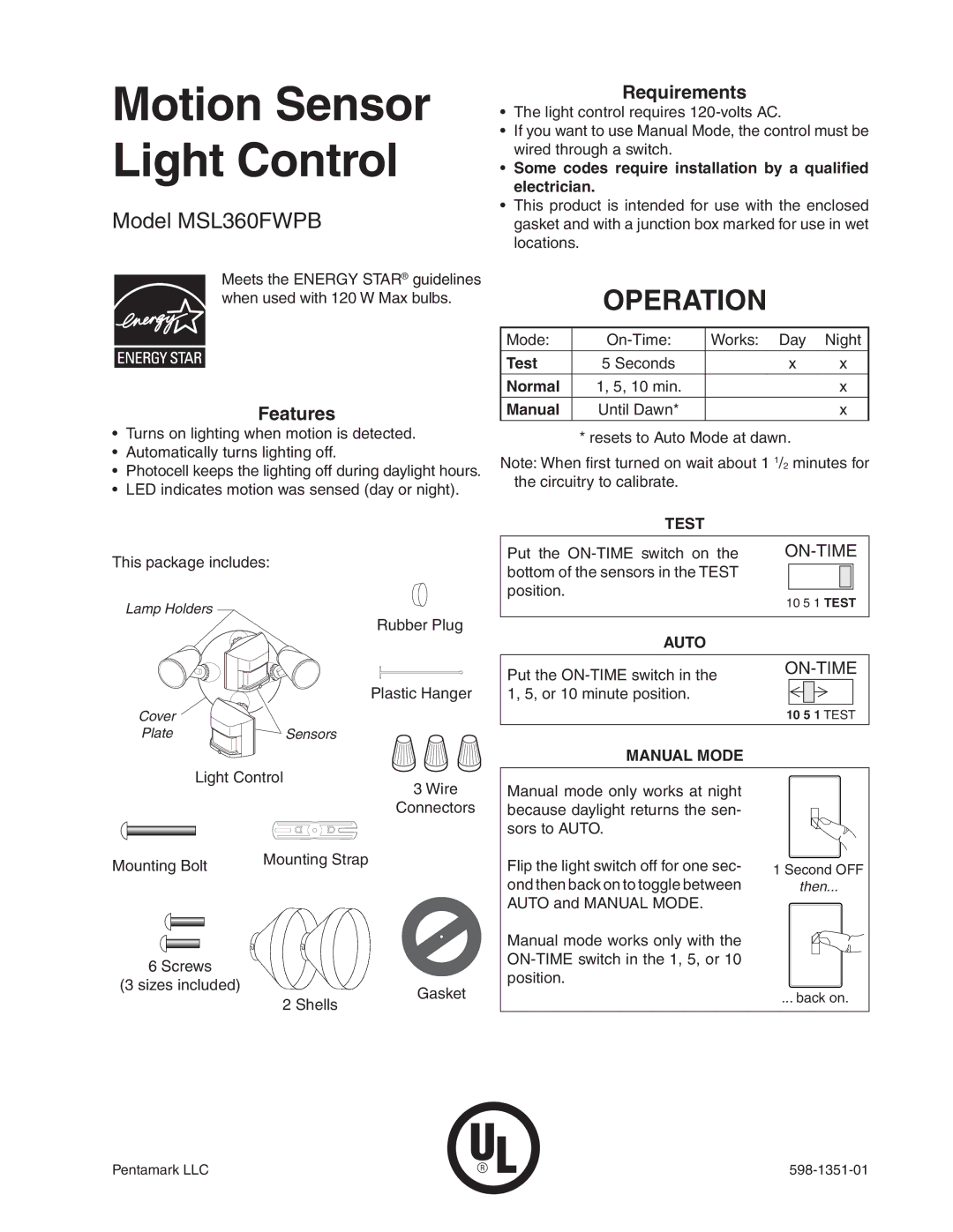 Heath Zenith MSL360FWPB manual Operation, Features, Requirements 