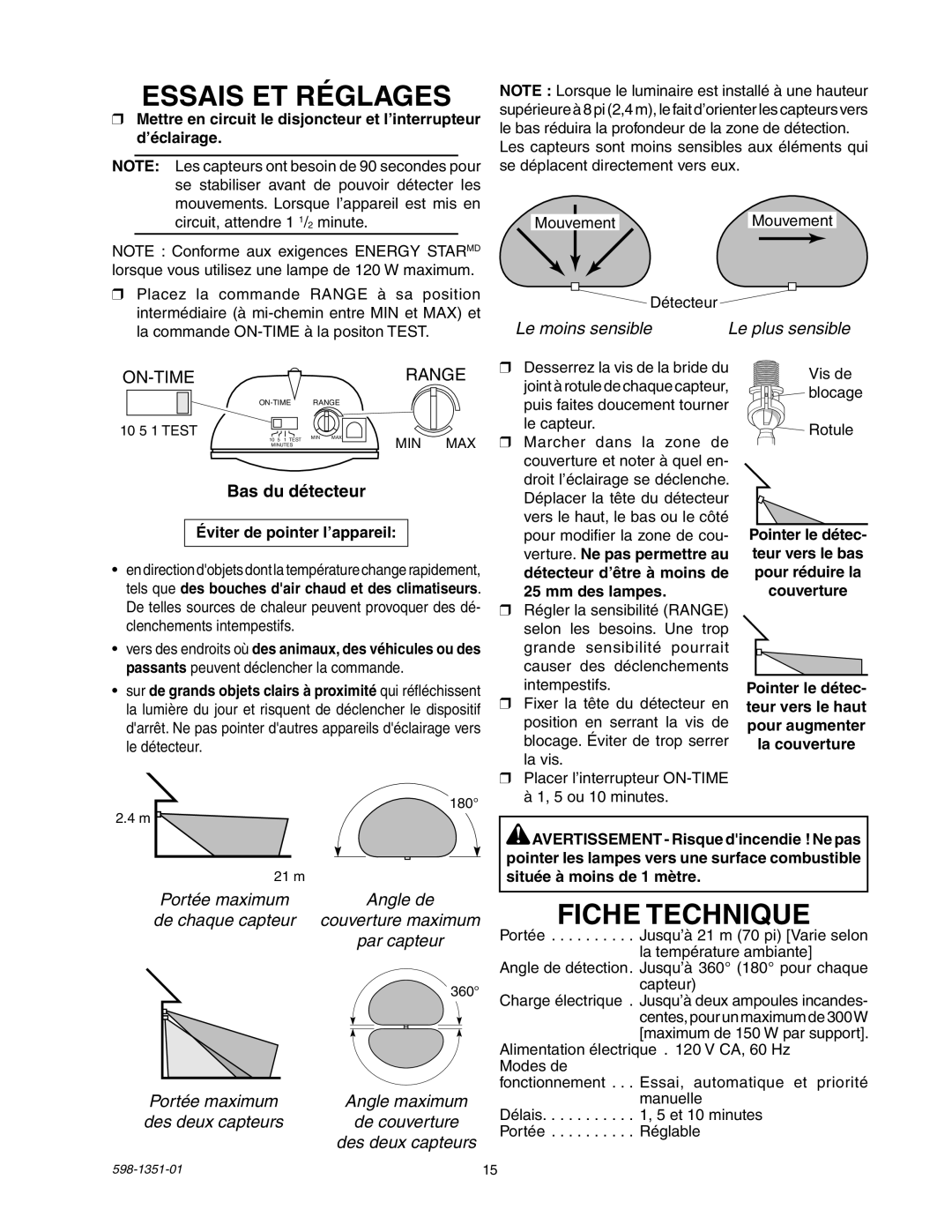 Heath Zenith MSL360FWPB manual Essais ET Réglages, Fiche Technique, Bas du détecteur, Éviter de pointer l’appareil 