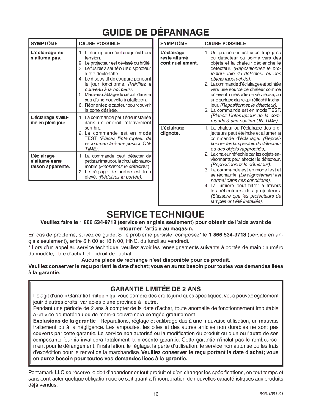 Heath Zenith MSL360FWPB manual Guide DE Dépannage, Service Technique 