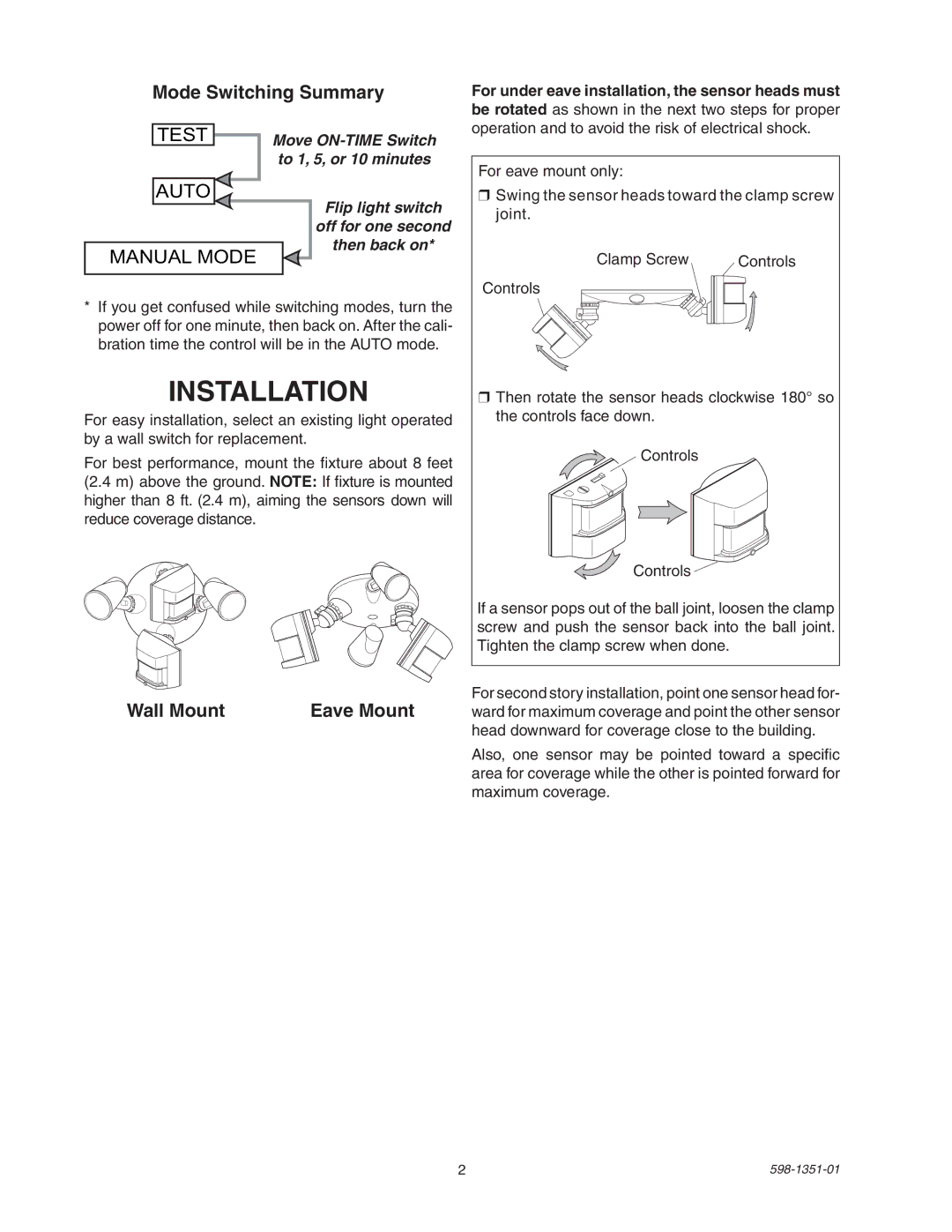 Heath Zenith MSL360FWPB manual Installation, Mode Switching Summary, Wall Mount, Eave Mount 