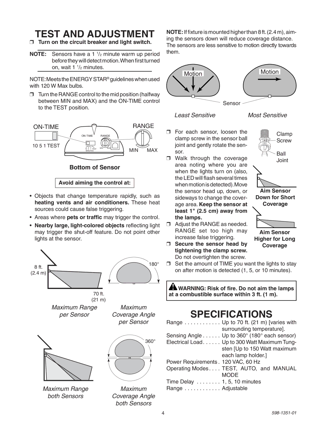 Heath Zenith MSL360FWPB manual Test and Adjustment, Specifications, Bottom of Sensor, Avoid aiming the control at 